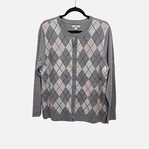 Croft & Barrow Womens XXL Argyle Button Cardigan Gray, Pink,White. 3311